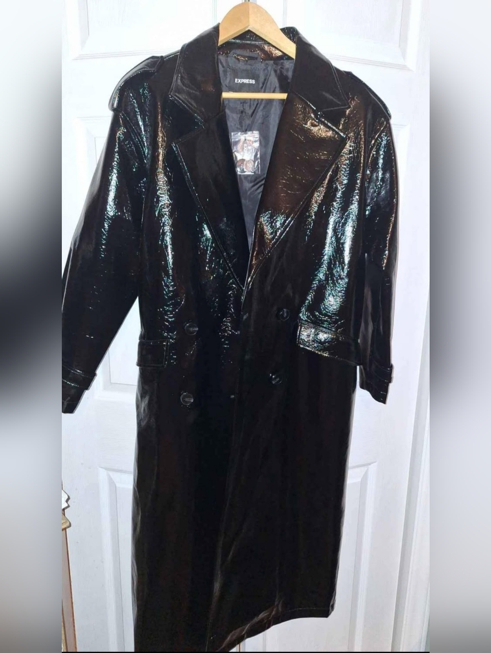 Express Women's Black Patent Long Trench Coat